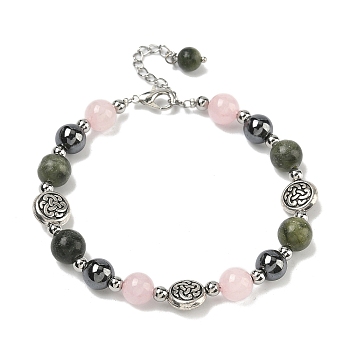 8mm Round Natural Rose Quartz & Natural Chinese Southern Jade & Synthetic Non-Magnetic Hematite Beaded Bracelets, Tibetan Style Alloy Bracelets for Women, Antique Silver, 7-1/2 inch(19cm)