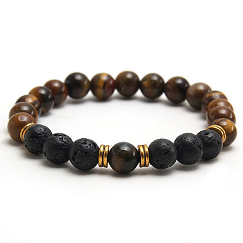 Round Natural Tiger Eye & Lava Rock Stretch Beaded Bracelet Men's Fashion Jewelry, 7-1/2 inch(19cm)