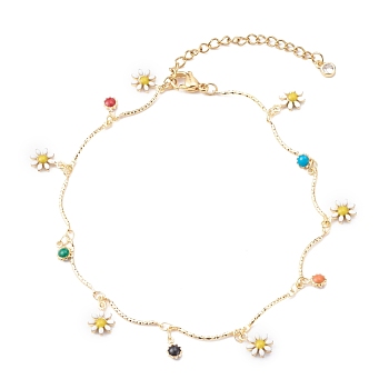 Brass Enamel Charm Anklets, with 304 Stainless Steel Lobster Claw Clasps, Flower, Colorful, Golden, 9-1/8 inch(23cm)