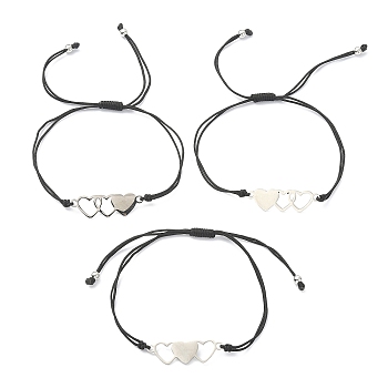 Friendship Theme Stainless Steel Interlocking Love Heart Link Bracelets Sets, Adjustable Nylon Thread Braided Bracelet, Black, 0.2cm, Inner Diameter: 2-1/4~3-3/8 inch(5.8~8.5cm), 3pcs/set
