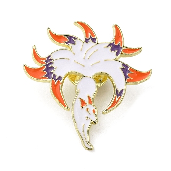 Chinese Style Myth Animal Nine Tail Fox Enamel Pin, Light Gold Alloy Brooch for Backpack Clothes Women, White, 32x32.5x1.5mm