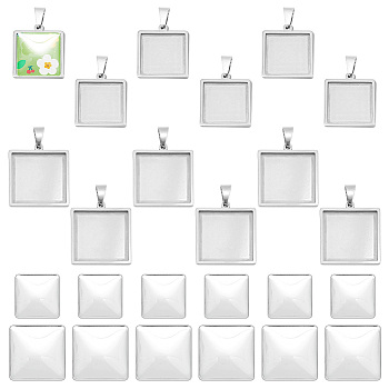 Unicraftale DIY Blank Square Pendant Making Kit, Including 304 Stainless Steel Cabochon Settings, Glass Cabochons, Stainless Steel Color, 24Pcs/box