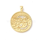 Rack Plating Brass Clear Cubic Zirconia Pendants, Long-Lasting Plated, Lead Free & Cadmium Free, Flat Round with Moon, Real 18K Gold Plated, 24x19x4mm, Hole: 4x2mm(KK-Z056-24G)
