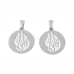201 Stainless Steel Pendants, Flat Round with Flame Charms, Laser Cut, Stainless Steel Color, 22.5x20x1.5mm, Hole: 7.5x3.5mm(STAS-T073-36P)