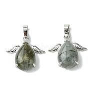 Natural Labradorite Pendants, Teardrop Charms with Rack Plating Platinum Plated Brass Wings, Cadmium Free & Lead Free, Cadmium Free & Lead Free, 22~22.5x24.5x8~9mm, Hole: 7x5mm(G-C114-05P-06)