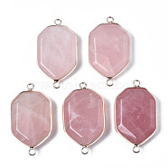 Natural Rose Quartz Links Connectors, with Edge Rose Gold Plated Brass Findings, Faceted, Polygon, 39~40x22~23x5~7mm, Hole: 2.5mm(G-S359-280E)