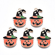 Alloy Enamel Pendants, Halloween, Cadmium Free & Lead Free, Pumpkin with Hat, Light Gold, Tomato, 30x20.5x2.5mm, Hole: 2mm(ENAM-Q442-008-RS)