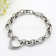 Fashionable 304 Stainless Steel Heart Link Bracelets, Rolo Chain Bracelet with Lobster Claw Clasps, Stainless Steel Color, 8-1/4 inch~9 inch(210~230mm)(BJEW-G423-10)