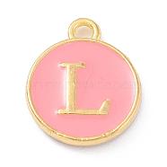 Golden Plated Alloy Enamel Charms, Enamelled Sequins, Flat Round with Alphabet, Letter.L, Pink, 14x12x2mm, Hole: 1.5mm(ENAM-Q437-14L)