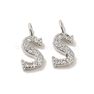 Initial Letter Brass Micro Pave Cubic Zirconia Pendants, Letter S, 9~10x4~10x1.5~2mm, Hole: 1.5mm(ZIRC-F008-S)