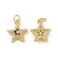 Brass Micro Pave Cubic Zirconia Charms, with Jump Ring, Star Charm, Real 18K Gold Plated, 14.5x12.5x3.5mm, Hole: 3.2mm(KK-E068-VF169)