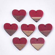 Resin & Walnut Wood Pendants, Heart, Brown, 24x25x3.5~4mm, Hole: 2mm(RESI-S358-81B)