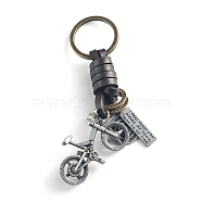 Punk Style Woven Cow Leather Alloy Pendant Keychain, for Car Key Pendant, Antique Silver, Bicycle Pattern, 11cm(KEYC-PW0006-04F)