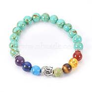 Synthetic Turquoise(Dyed) Stretch Bracelets, Chakra Jewelry, with Mixed Stone and Resin Beads, Metal Findings and Burlap Packing, Round, Buddha, 2 inch~2-1/8 inch(5.2~5.5cm)(BJEW-JB03905-03)