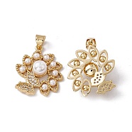 Brass Micro Pave Cubic Zirconia Pendants, with ABS Imitation Pearl, Flower with Butterfly Charm, Real 18K Gold Plated, 23x19.5x7mm, Hole: 5x3.5mm(KK-B061-05G)