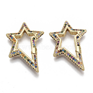 Brass Micro Pave Cubic Zirconia Spring Gate Rings, Nickel Free, Star, Real 16K Gold Plated, Colorful, 34x22x4mm, Inner Diameter: 18x10mm(ZIRC-S066-034A-NF)