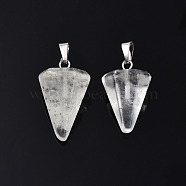 Cone/Spike/Pendulum Natural Quartz Crystal Pendants, Rock Crystal, with Platinum Plated Iron Findings, 25~27x14x14mm, Hole: 6x3mm(G-R278-84)