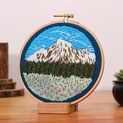 DIY Flower and Mountain Embroidery Kit, Including Imitation Bamboo Frame, Iron Pins, Cloth, Colorful Threads, Green, 213x201x9.5mm, Inner Diameter: 183mm(DIY-O021-12B)