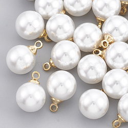 ABS Plastic Imitation Pearl Charms, with Brass Findings, Round, Real 18K Gold Plated, 10x6x6mm, Hole: 1.6mm(X-KK-T035-61)