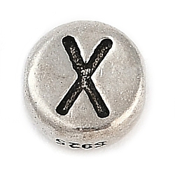 925 Sterling Silver Flat Round with Letter Beads, with 925 Stamp, Antique Silver, Letter X, 6.5x3mm, Hole: 1.2mm(STER-G044-01AS-X)