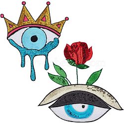 CHGCRAFT 2Pcs 2 Style Iron on/Sew on Sequin Cloth Patches, Costume Accessories, Glittered Appliques, Eye with Rose & Evil Eye, Mixed Color, 270~275x235~275x1mm, 1pc/style(PATC-CA0001-07)