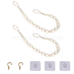 Round Natural Wood Beads Curtain Hanging Decorations, with Imitation Leather Cord and Hooks, Nails, BurlyWood, 565x10~19mm(AJEW-WH0237-04)