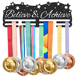 Iron Medal Holder Frame, Medals Display Hanger Rack, 2 Lines, with Screws, Rectangle with Word Believe & Achieve, Star Pattern, 150x400mm(ODIS-WH0022-033)