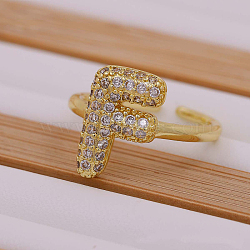 Brass Micro Pave Clear Cubic Zirconia Initial Cuff Rings, Golden, Letter F, Inner Diameter: Adjustable(FS-WGB210B-07)