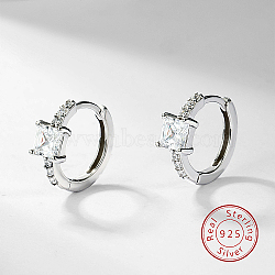 Anti-Tarnish Rhodium Plated Platinum 925 Sterling Silver Hoop Earrings, Cubic Zirconia Square Earrings, Clear, 12mm(OB9176-4)