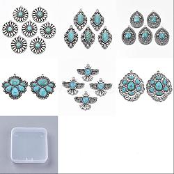 12Pcs 6 Style Tibetan Style Alloy Pendants, with Synthetic Turquoise, Cadmium Free & Lead Free, Mixed Shapes, 34~57.5x22~45x5.5~7.5mm, Hole: 1.8~2.5mm, 2pcs/style(FIND-SZ0002-37)