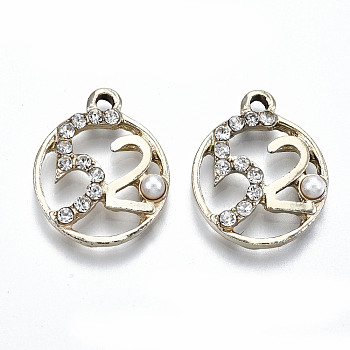 UV Plated Alloy Pendants, with Crystal Rhinestone and ABS Plastic Imitation Pearl, Number 520, Cadmium Free & Lead Free, Light Gold, 21x17x4mm, Hole: 2mm