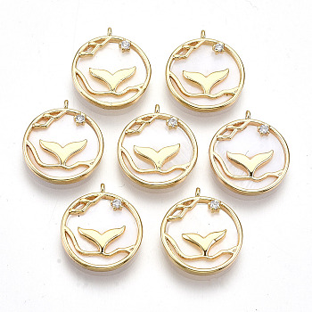 Brass Micro Pave Clear Cubic Zirconia Pendants, with White Shell, Flat Round with Bud, Nickel Free, Real 18K Gold Plated, 15x13x3mm, Hole: 1mm