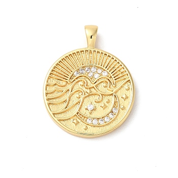 Rack Plating Brass Clear Cubic Zirconia Pendants, Long-Lasting Plated, Lead Free & Cadmium Free, Flat Round with Moon, Real 18K Gold Plated, 24x19x4mm, Hole: 4x2mm