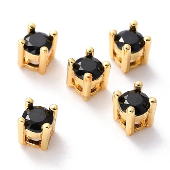 Brass inlaid Cubic Zirconia Slide Charms, Real 18K Gold Plated, Flat Round, Black, 4.5x4.5x5mm, Hole: 1x1.5mm