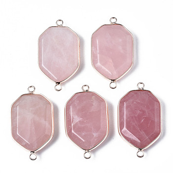 Natural Rose Quartz Links Connectors, with Edge Rose Gold Plated Brass Findings, Faceted, Polygon, 39~40x22~23x5~7mm, Hole: 2.5mm