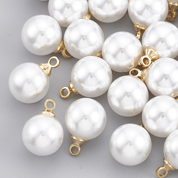 ABS Plastic Imitation Pearl Charms, with Brass Findings, Round, Real 18K Gold Plated, 10x6x6mm, Hole: 1.6mm
