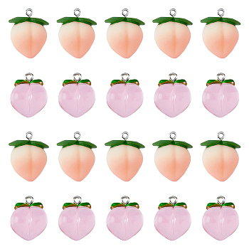 DICOSMETIC 40Pcs 2 Styles Resin Pendants, Imitation Fruit, Peach Charms, with Platinum Tone Iron Loops, Mixed Color, 20~27x17~22x12.5~17mm, Hole: 2mm, 20pcs/style