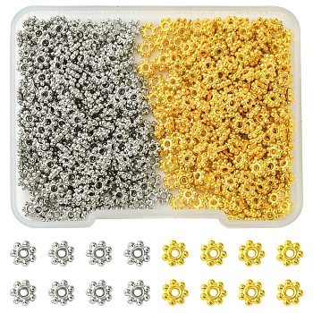 600Pcs 2 Colors CCB Plastic Bead Spacers, Flower, Platinum & Golden, 4x1mm, Hole: 1mm, 300pcs/color