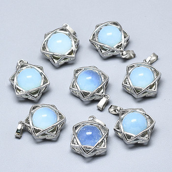 Opalite Pendants, with Platinum Plated Brass Findings, Star of David, 19x15x10.5mm, Hole: 2.5x4.5mm