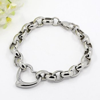 Fashionable 304 Stainless Steel Heart Link Bracelets, Rolo Chain Bracelet with Lobster Claw Clasps, Stainless Steel Color, 8-1/4 inch~9 inch(210~230mm)