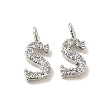 Initial Letter Brass Micro Pave Cubic Zirconia Pendants, Letter S, 9~10x4~10x1.5~2mm, Hole: 1.5mm