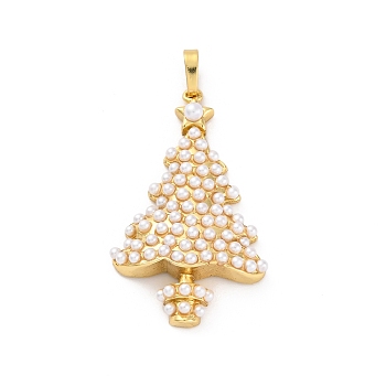 Rack Plating Brass with ABS Imitation Pearls Pendants, Long-Lasting Plated, Lead Free & Cadmium Free, Christmas Trees Charms, Real 18K Gold Plated, 38x22.5x6.5mm, Hole: 1.2mm