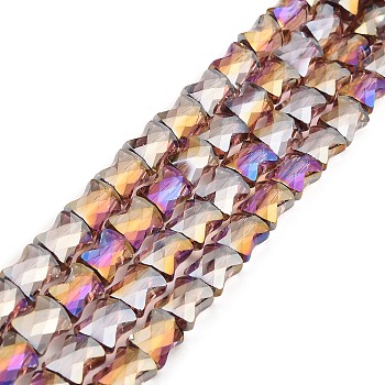 AB Color Plated Transparent Glass Beads Strands, Faceted Bamboo Stick, Medium Purple, 10.5~11x8x5mm, Hole: 1mm, about 59~60pcs/strand, 24.41~24.80''(62~63cm)