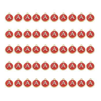 Golden Plated Alloy Charms, with Enamel, Enamelled Sequins, Flat Round, Red, Letter.A, 14x12x2mm, Hole: 1.5mm, 50pcs/Box