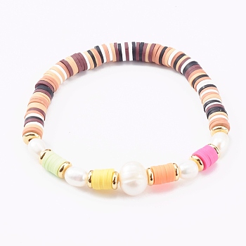 Polymer Clay Heishi Beaded Stretch Bracelets, with Natural Pearl Beads and Brass Spacer Beads, Golden, Colorful, Inner Diameter: 2-3/8 inch(6.1cm)
