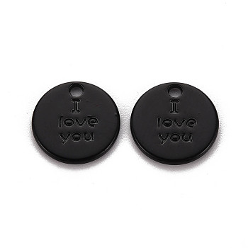 Spray Painted Alloy Charms for Valentine's Day, Cadmium Free & Lead Free, Flat Round with Phrase I Love You, Black, 13x13x1.5mm, Hole: 1.6mm