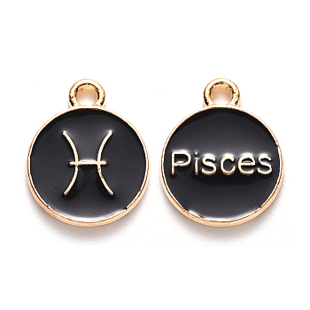 Alloy Enamel Pendants, Cadmium Free & Lead Free, Flat Round with Constellation, Light Gold, Black, Pisces, 22x18x2mm, Hole: 1.5mm