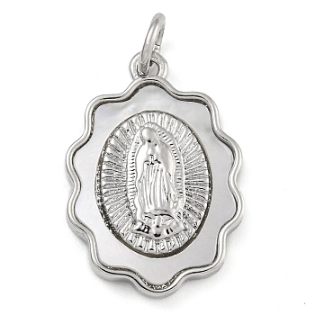 Brass Pendants with Shell and Jump Ring, Religion Oval with Virgin Mary, Silver, 19x13.5x3mm, Hole: 3mm