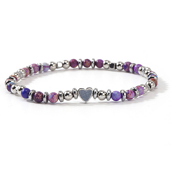 Dyed Natural Purple Imperial Jasper Round Beaded Stretch Bracelets, Synthetic Non-magnetic Hematite Beads Jewlery for Women, Heart, 6.89 inch(17.5cm)