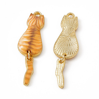 Painted Alloy Pendants, Cat Charm, Cadmium Free & Nickel Free & Lead Free, Golden, Sandy Brown, 34x10x2.4mm, Hole: 1.5mm